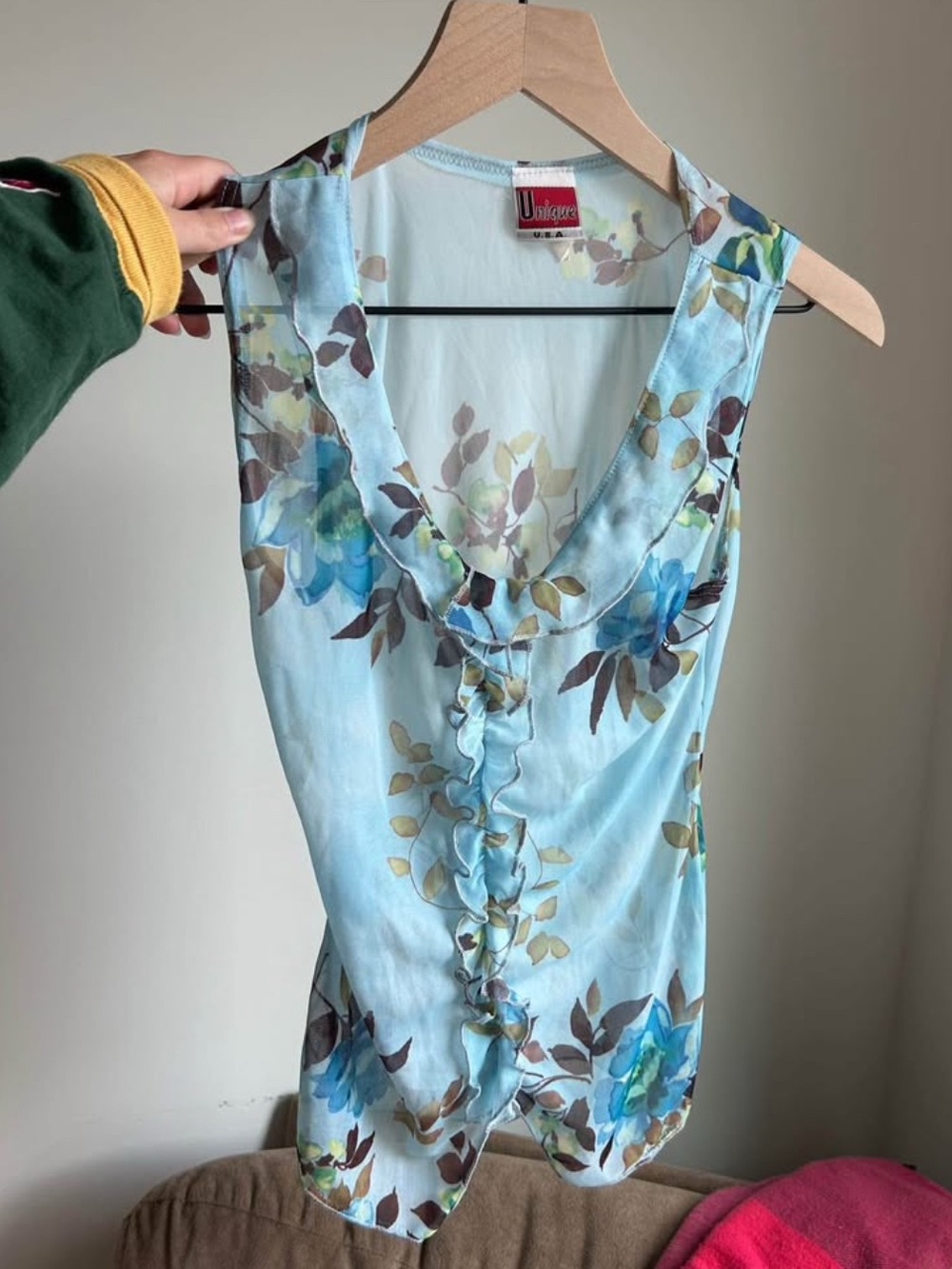 Vintage Light Blue Floral Sleeveless Sheer V-Neck Top